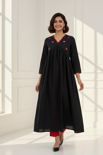 Black Rose Gleam V-Neck Gather Anarkali