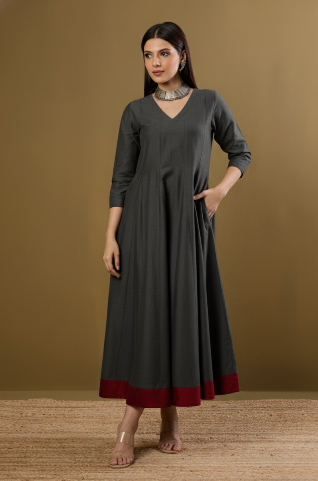 Garnet Grey Luxe Silk Slub Long Maxi Dress with Sleeves