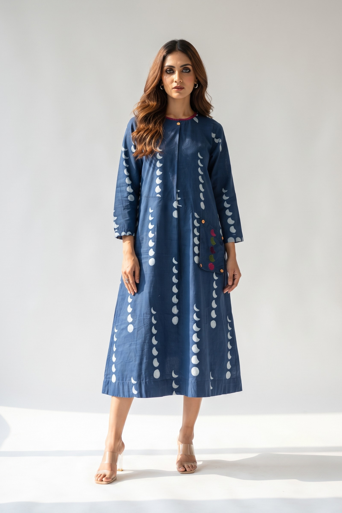 Indigo Lunar Rhythm Cotton A-Line Dress with Patch Pocket