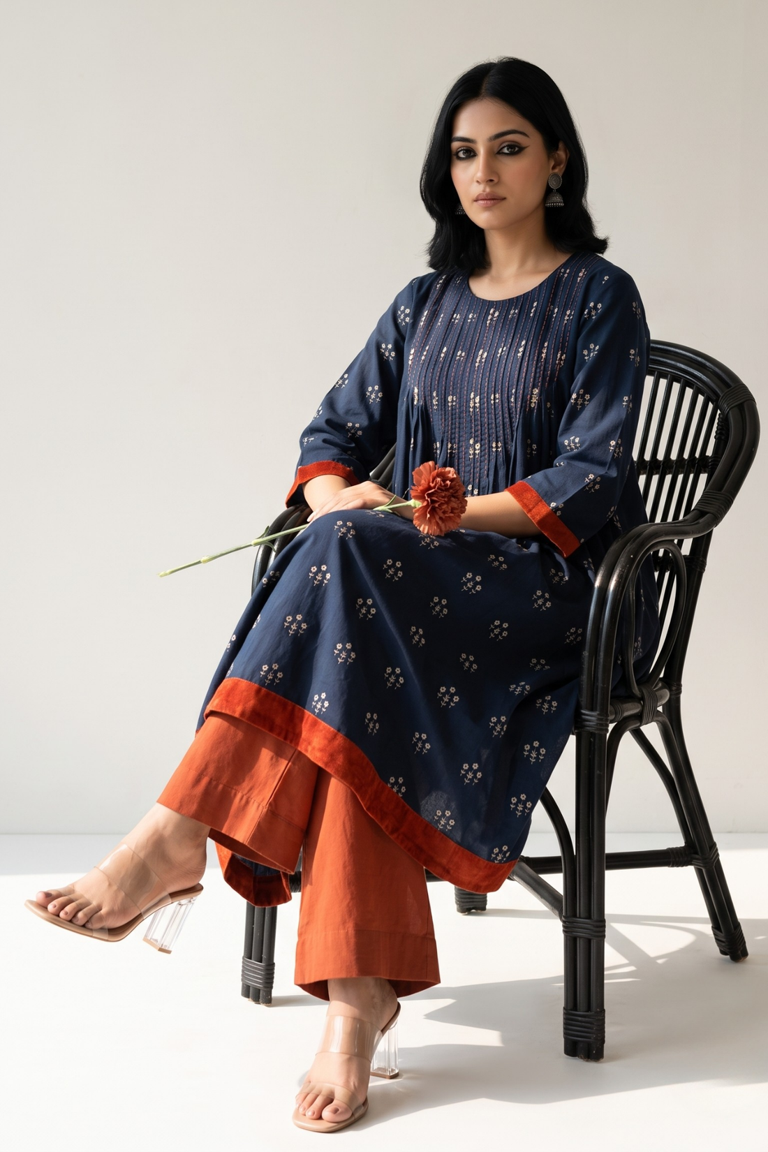 Navy Floral Bunch Cotton Kurta With Pintuck