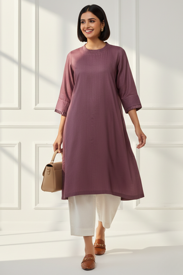 silk pleated low slit kurta with pockets & sleeve details - subtle mauve & champagne gold