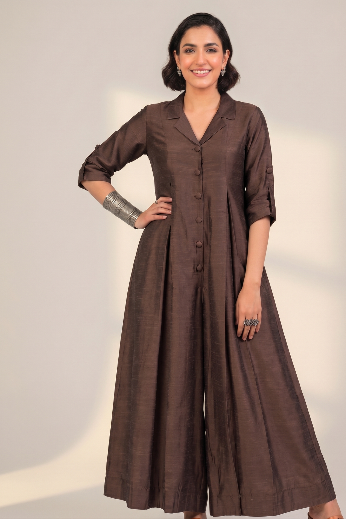 Coffee Bean Silk Slub Jumpsuit with Pockets & Collar