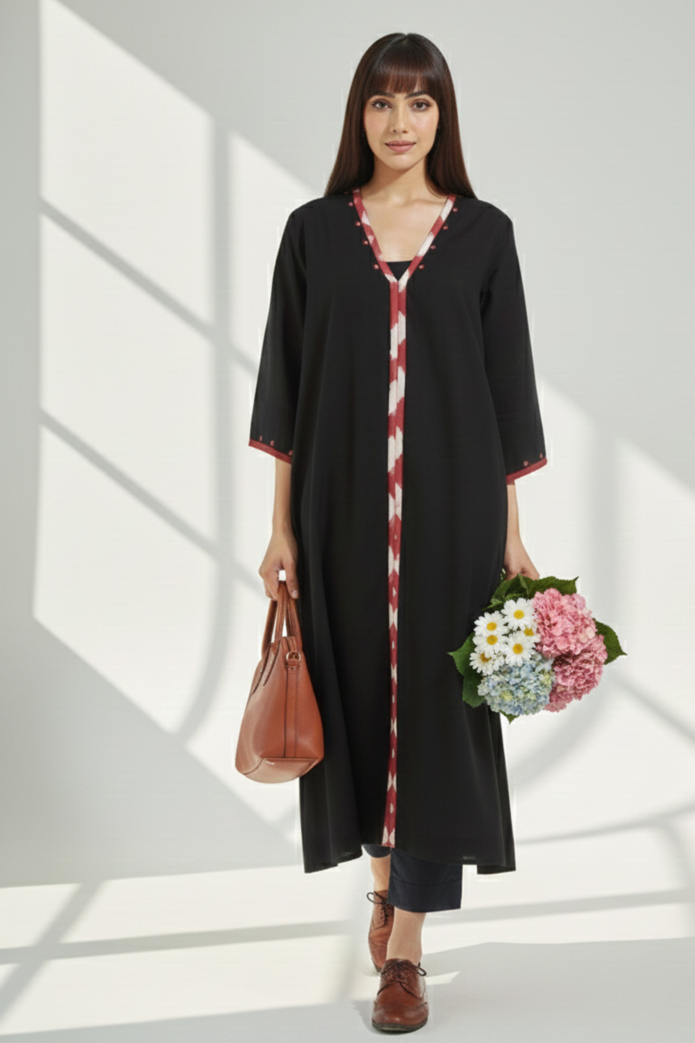 deep v-neck bell sleeves resort dress - ebony hues & fiery reflections