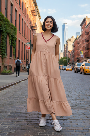 Serene Sandstone Sleeveless Ruffle Long Dress