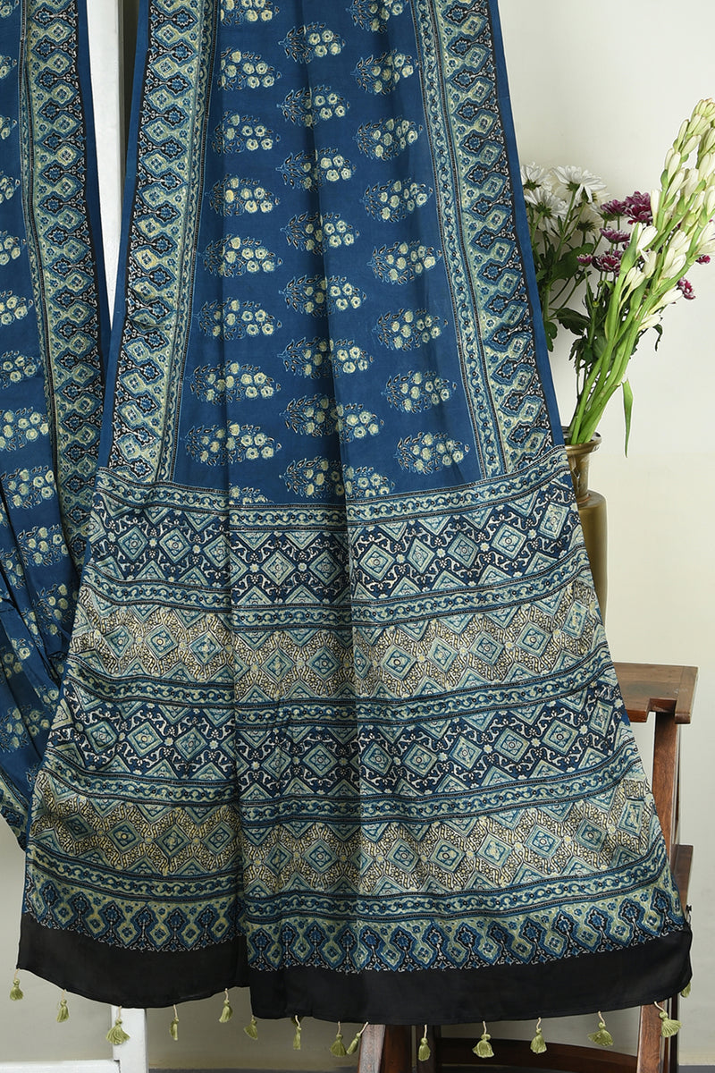 ajrakh modal silk sarees - gilded indigo & vintage bouquet