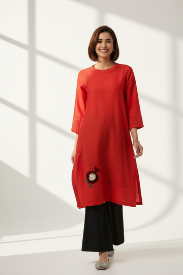 chanderi silk pleated low slit kurta with pockets & sleeve details - ruby red & pomegranate poetry