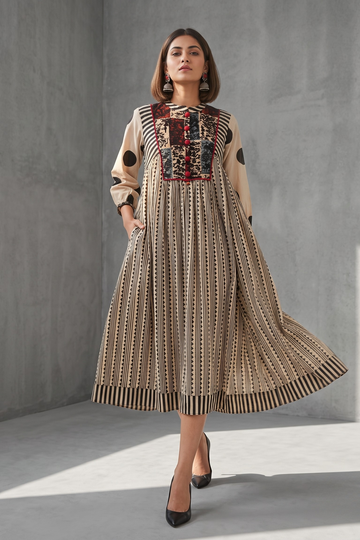 Black Dotlines Pattern Story Cotton Gather Dress with Yoke
