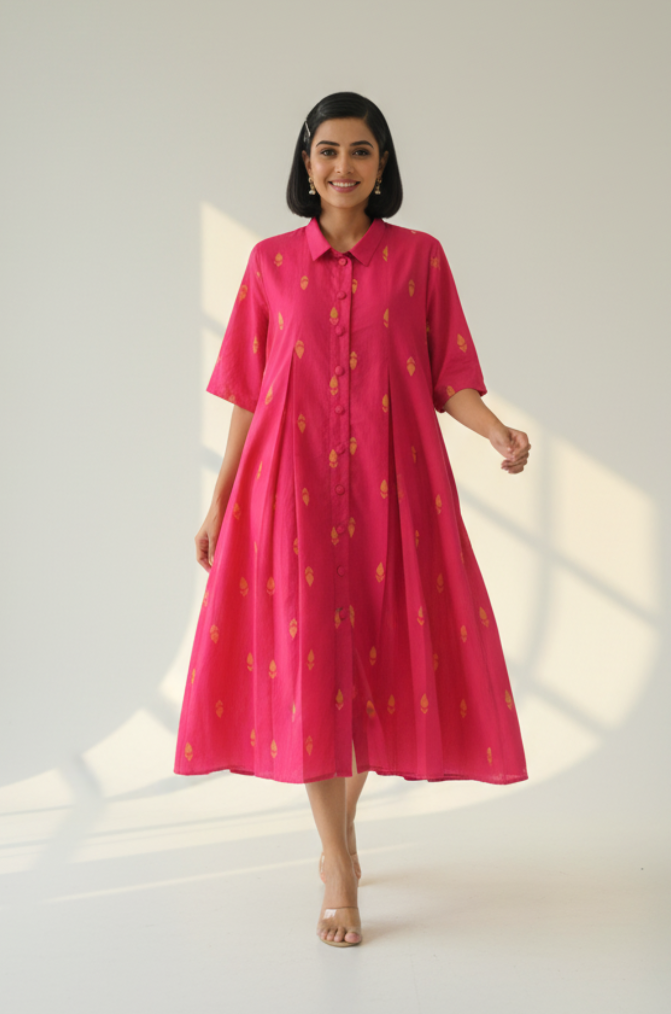 Sunlit Pink Cotton Box Pleat Button Down Shirt Dress
