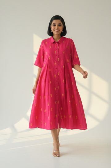 Sunlit Pink Cotton Box Pleat Button Down Shirt Dress
