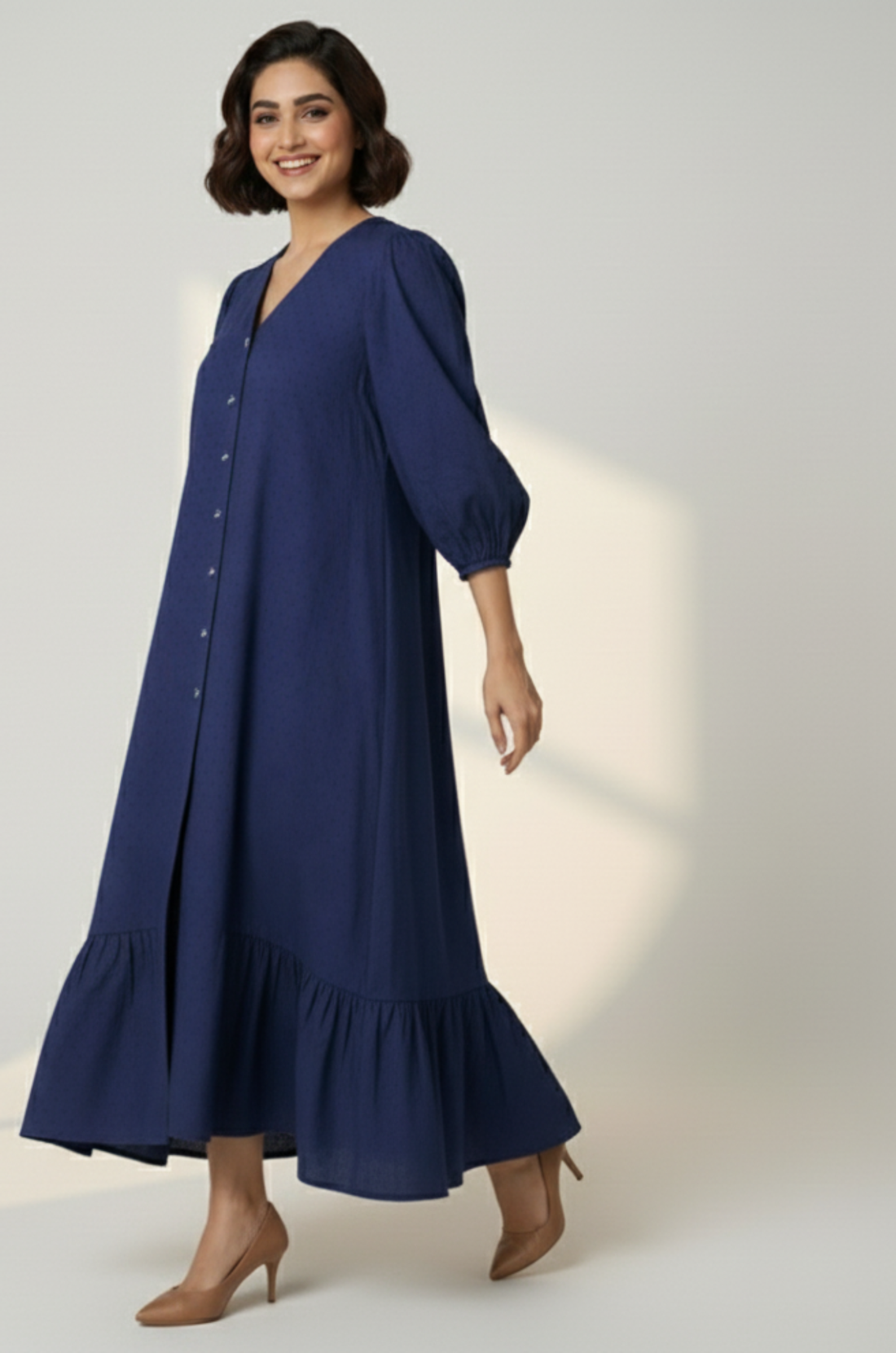 Cosmic Violet Front Button Cotton Dress With Ruffle Border