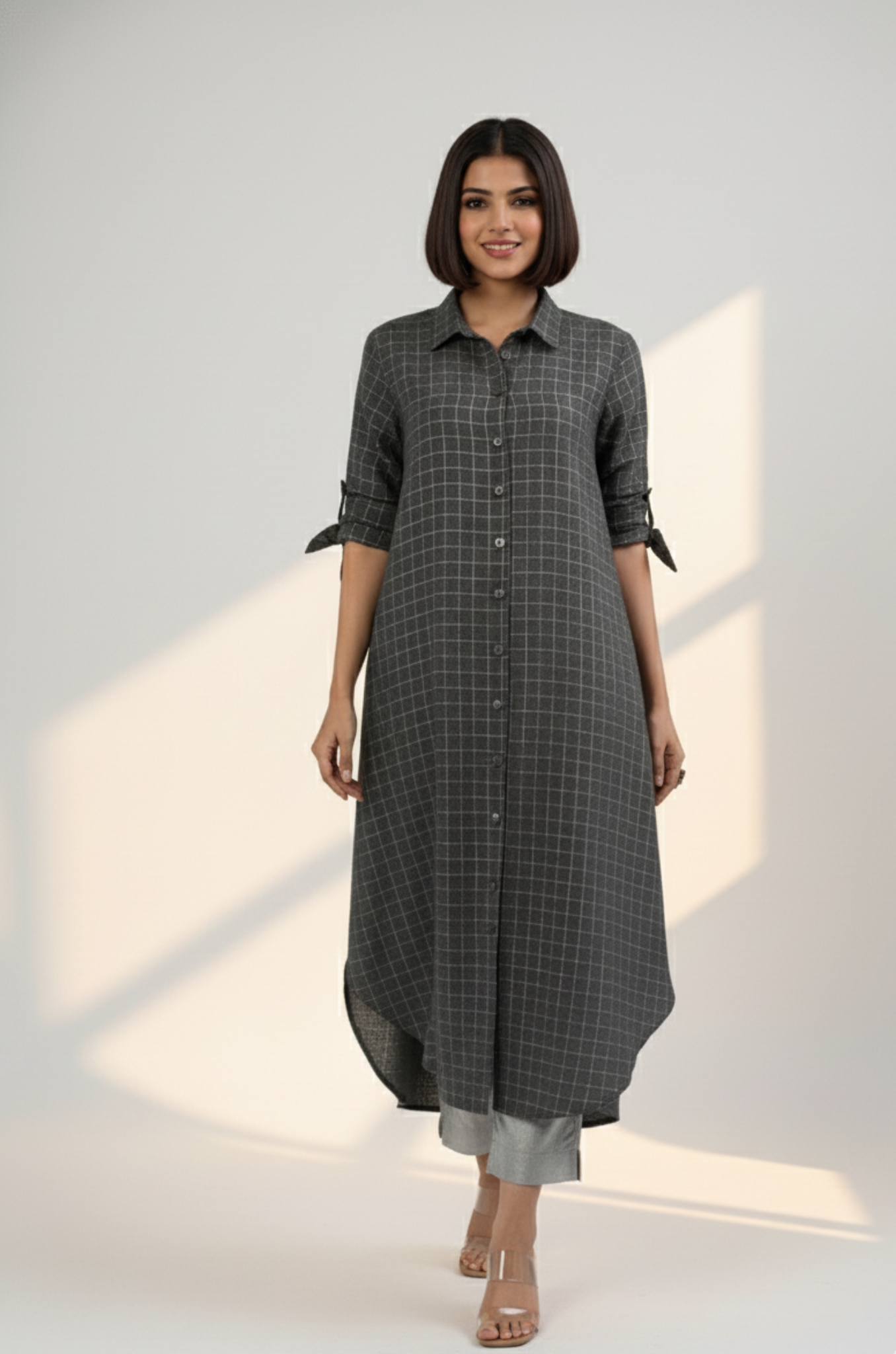 Cocoa Silver Grid Long Cotton Shirt Dress