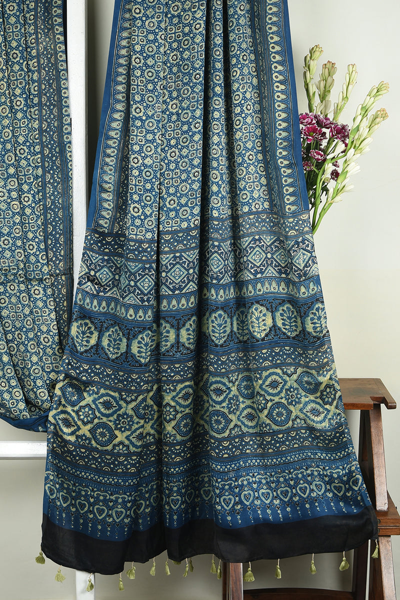ajrakh modal silk sarees - azure twilight & gold hues