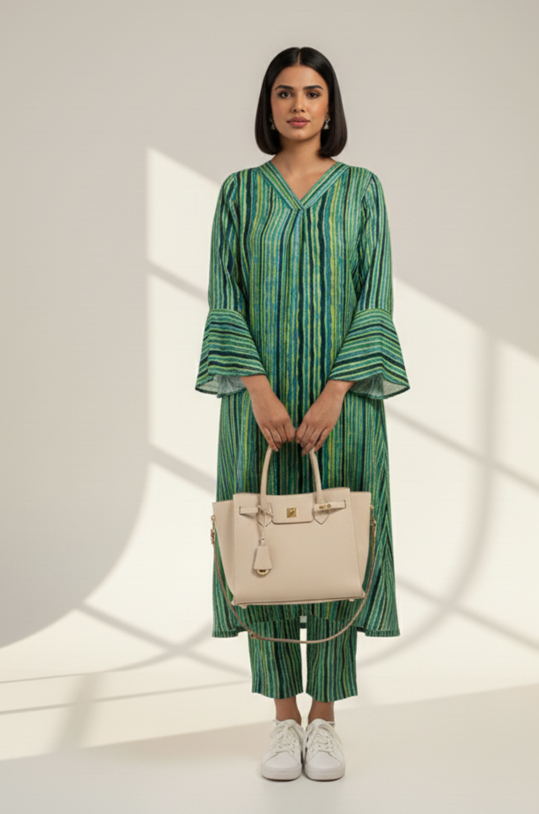 Coord Set- Coastal Canopy Stripes Modern Long Tunic Kurta and Pants