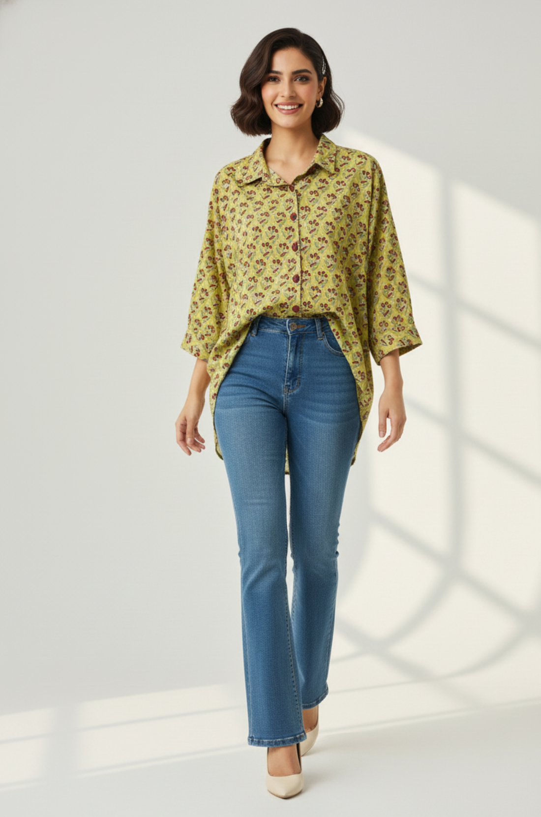 Mint Blossom Handblock Printed  Everyday Cotton Shirt