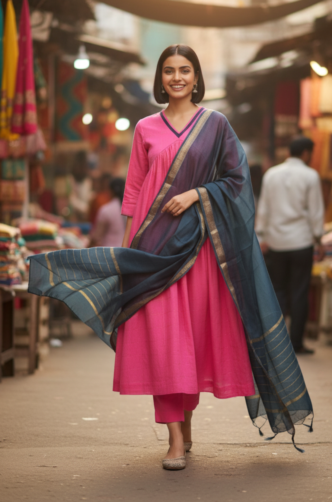 Gulabi Grid & Gold V-Neck Gather Anarkali