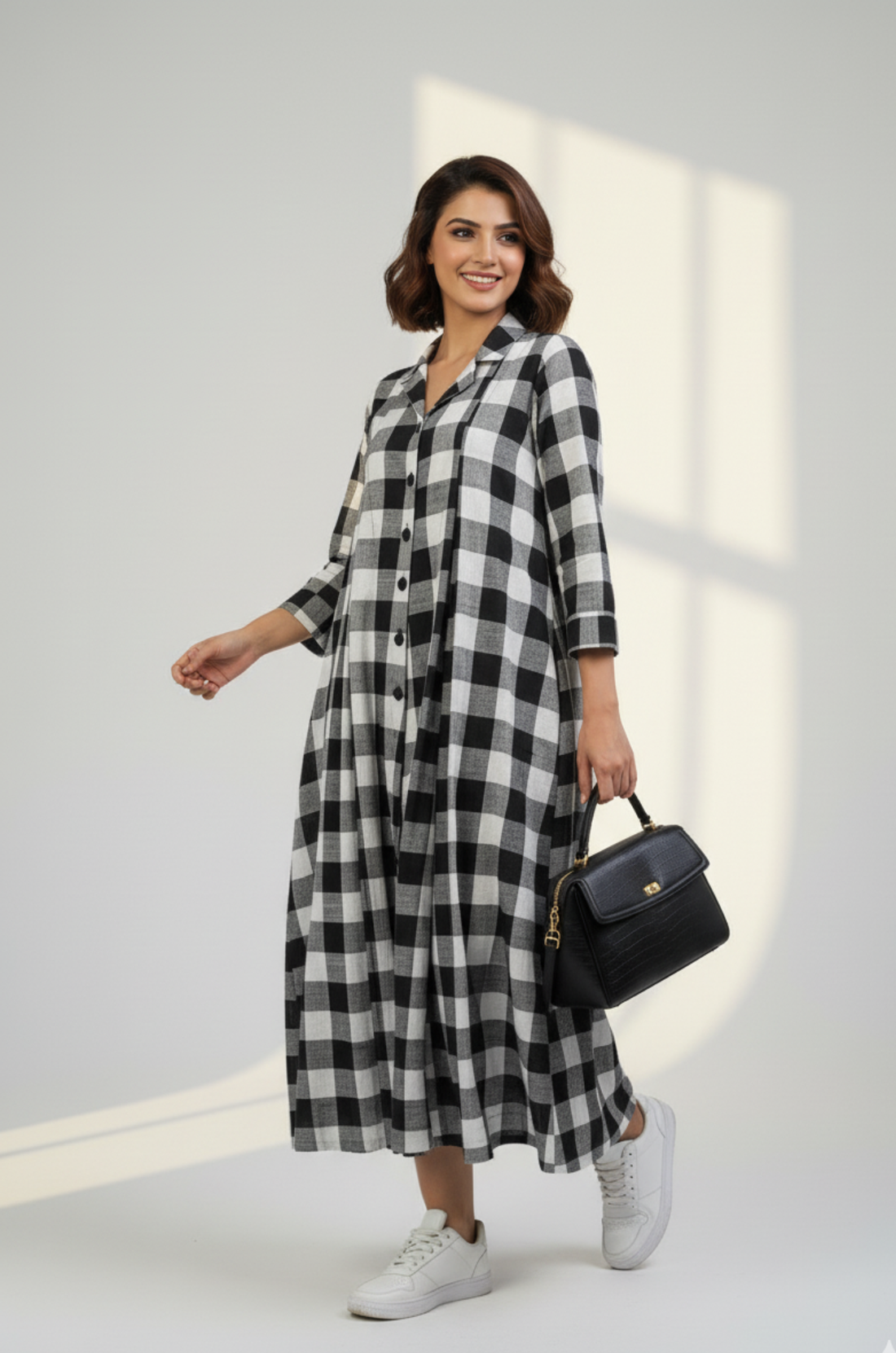 Chessboard Charm Cotton Jumpsuit with Pockets & Collar