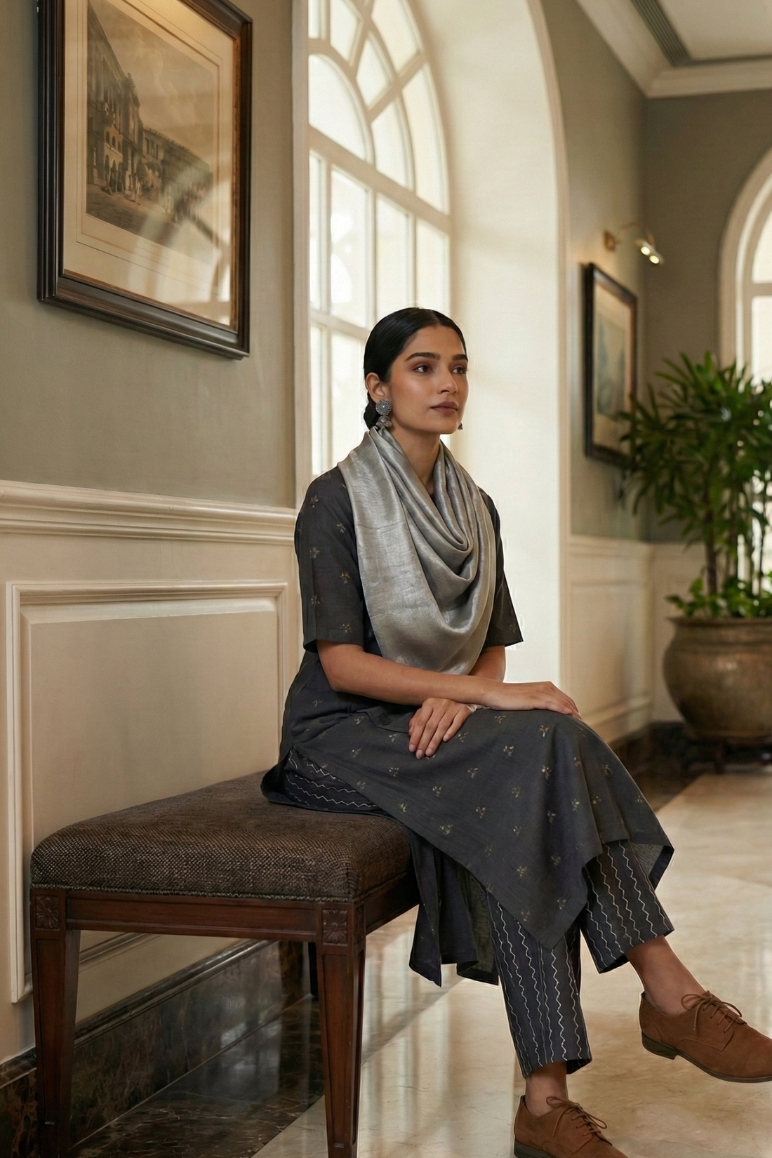 Co-ord Set Slate Triangle Weave Cotton Side Button Adjustable Slit Kurta & Pants