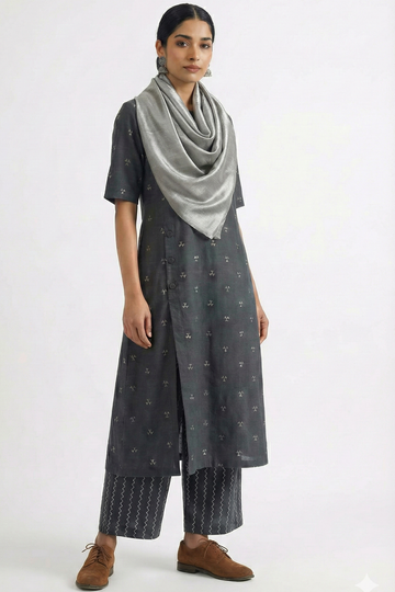 Co-ord Set Slate Triangle Weave Cotton Side Button Adjustable Slit Kurta & Pants