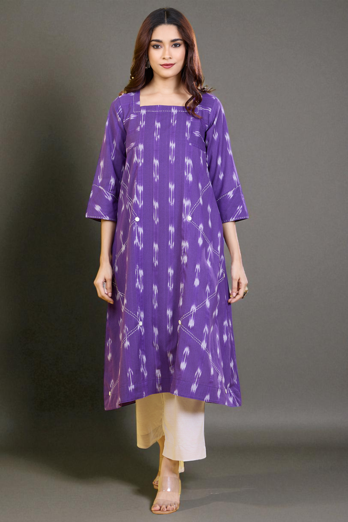 Square Neck Panelled Kurta In Purple Ikat Lala And Pockets And Hand Embroidery by Maati Crafts