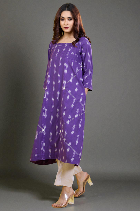 square panelled long kurta - mossy black & mandala treasures main image 0