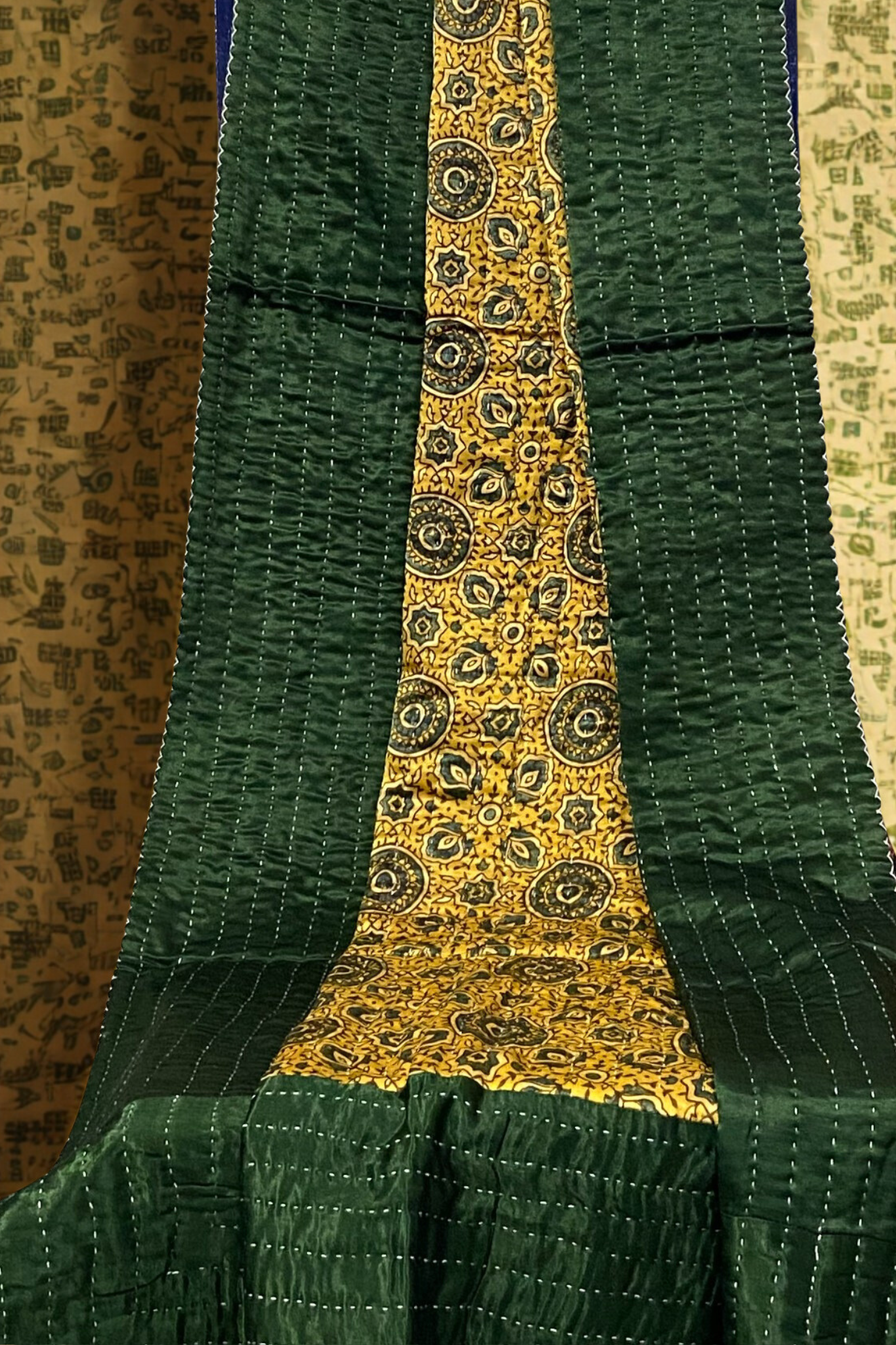 handcrafted mashroo single quilt with filler - green & sun kissed