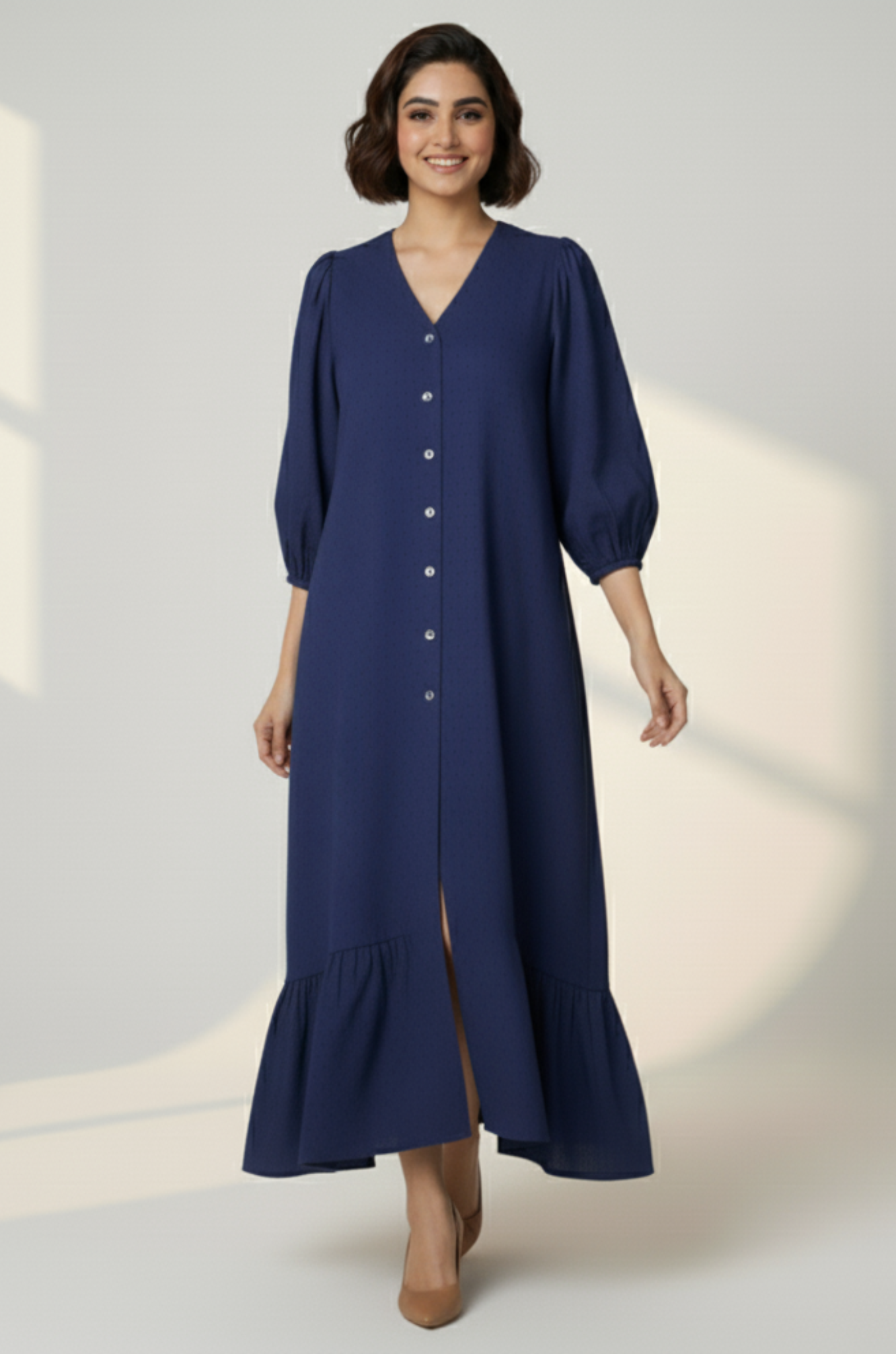 Cosmic Violet Front Button Cotton Dress With Ruffle Border