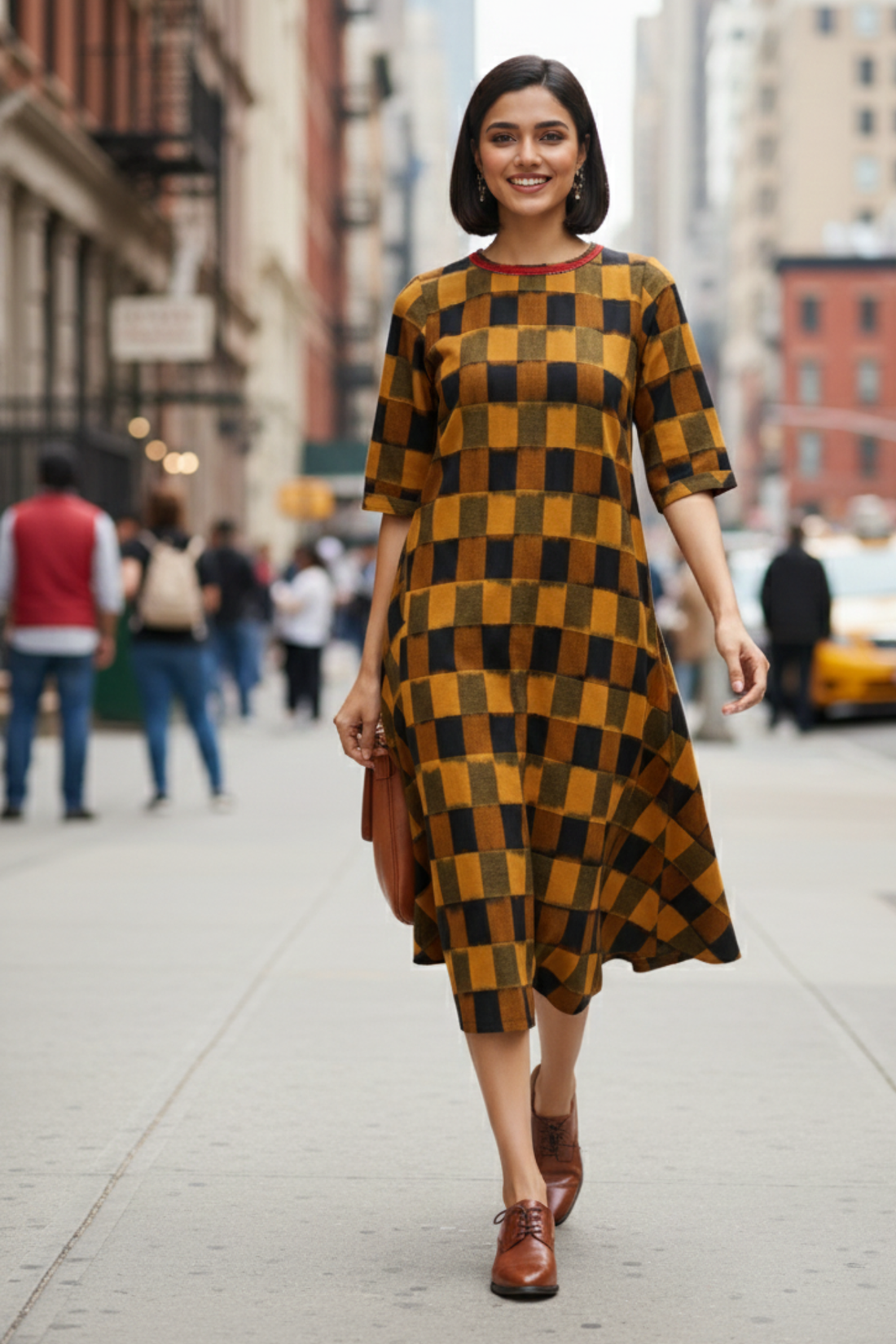 Golden Noir Checks Side Bias Shift Dress