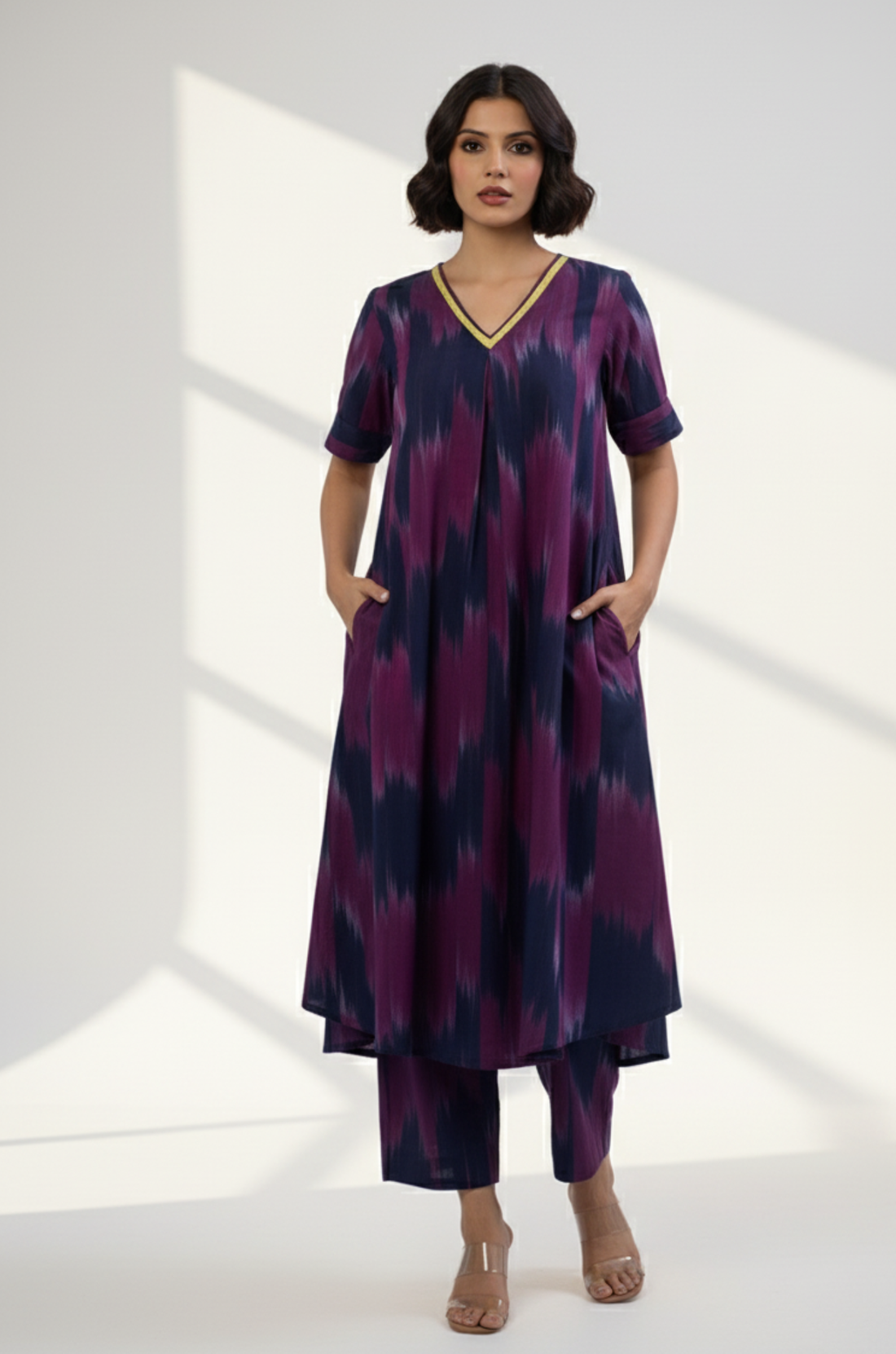 Twilight Streak Modern Box Pleated Cotton Kurta & Pants Co-ord Set