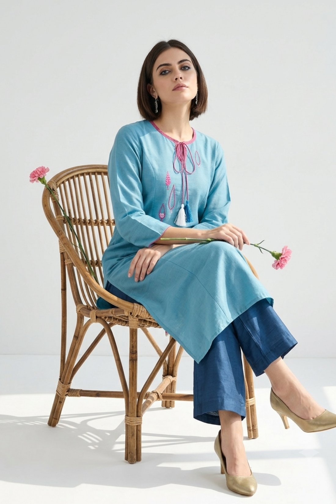 Whispers of Pine Blue Silk Silk Slub Long Kurta with Slit