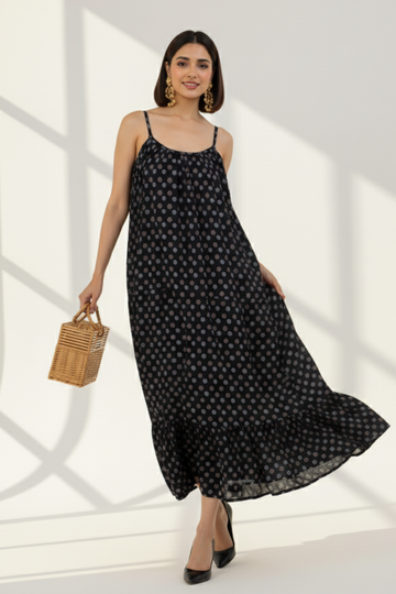 Monochrome Petals Long Ruffle Strap Dress