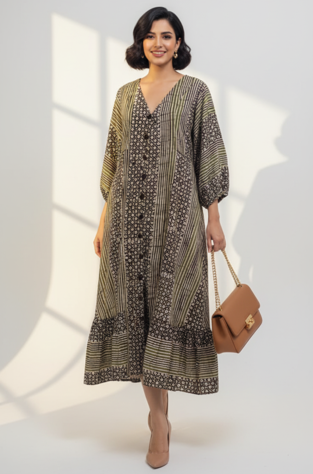 Olive Merlot Front Button Cotton Dress With Ruffle Border