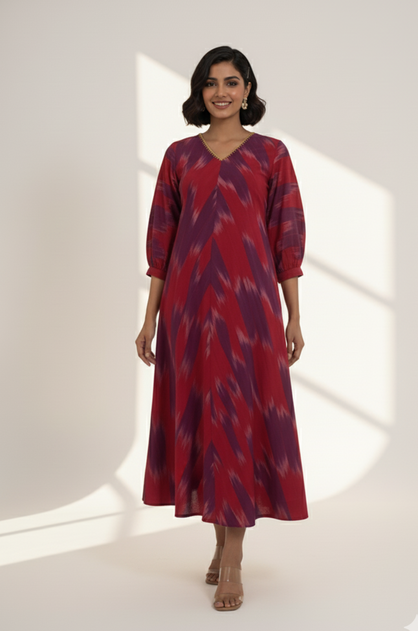 Amethyst Flame V-Neck Midi Dress with Elevated Sleeves