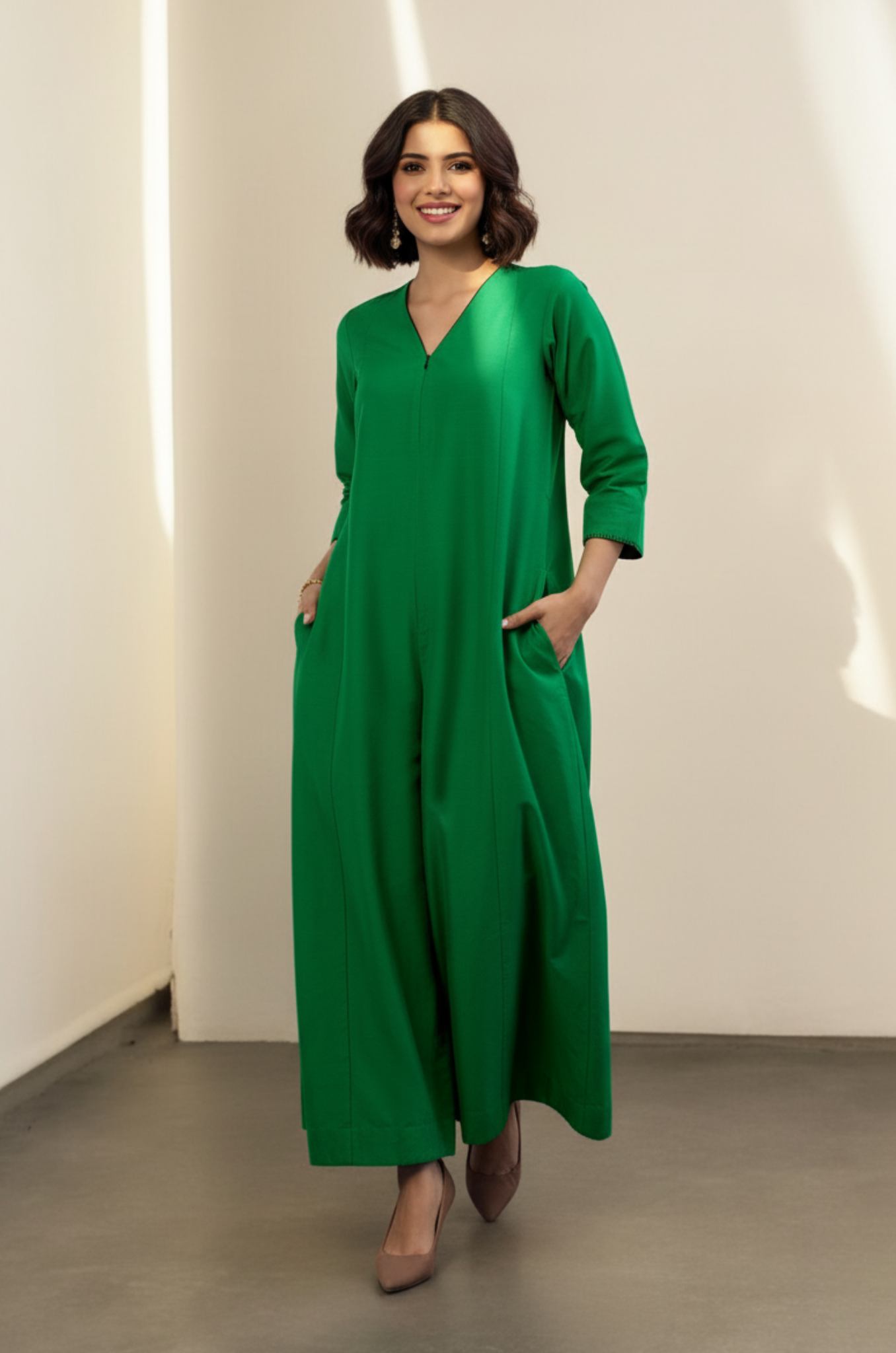 Leafsong Green Silk Slub Front Zipper Jumpsuit with Pockets & Sleeves