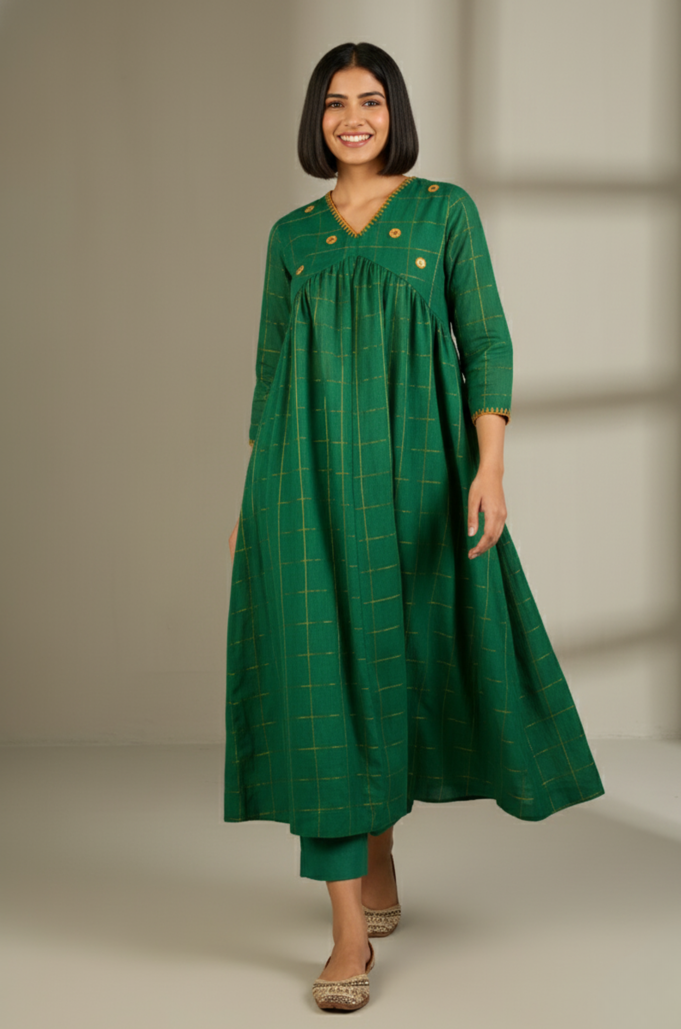 Emerald Checks  & Gold V-Neck Gather Anarkali