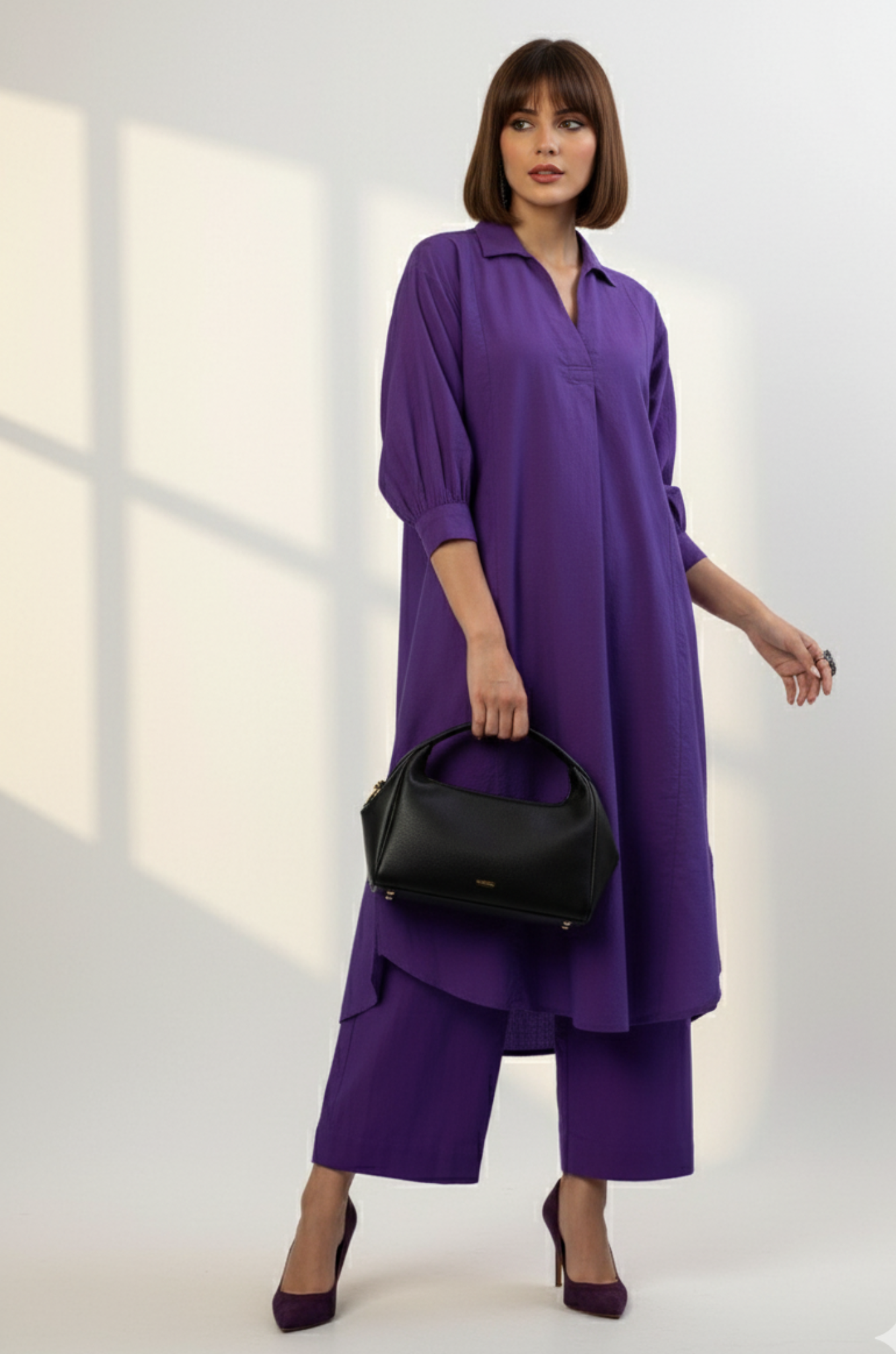 Co-ord Set Kurta and Pants - Violet Orchid Glow Cotton Collar Box Pleat Kurta & Pants