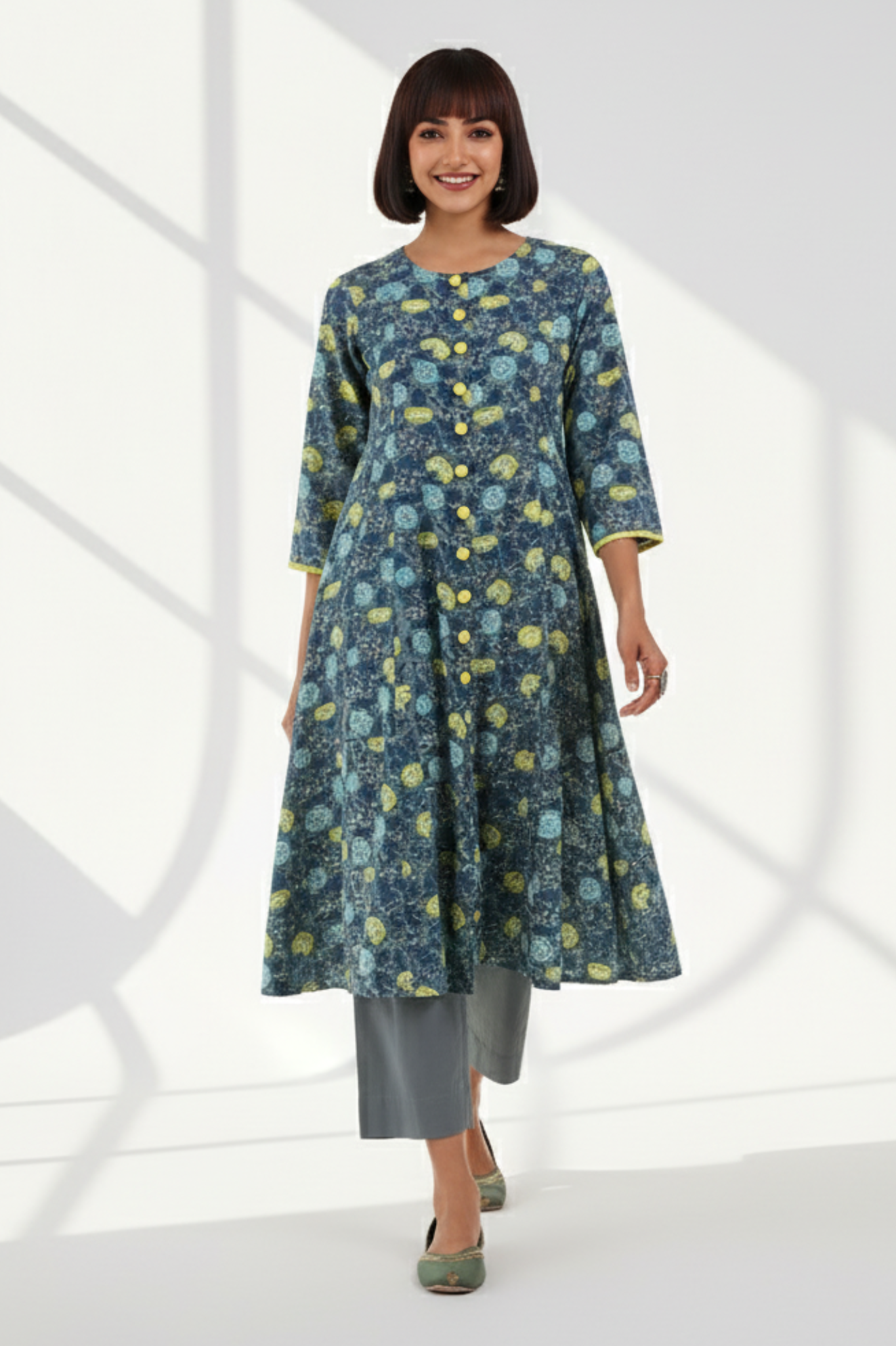 a-line button down kurta - grey chateau & sunshine yarrow