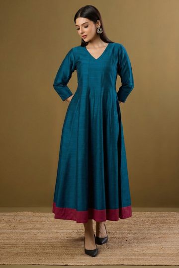 Peacock Plush Luxe Silk Slub Long Maxi Dress with Sleeves