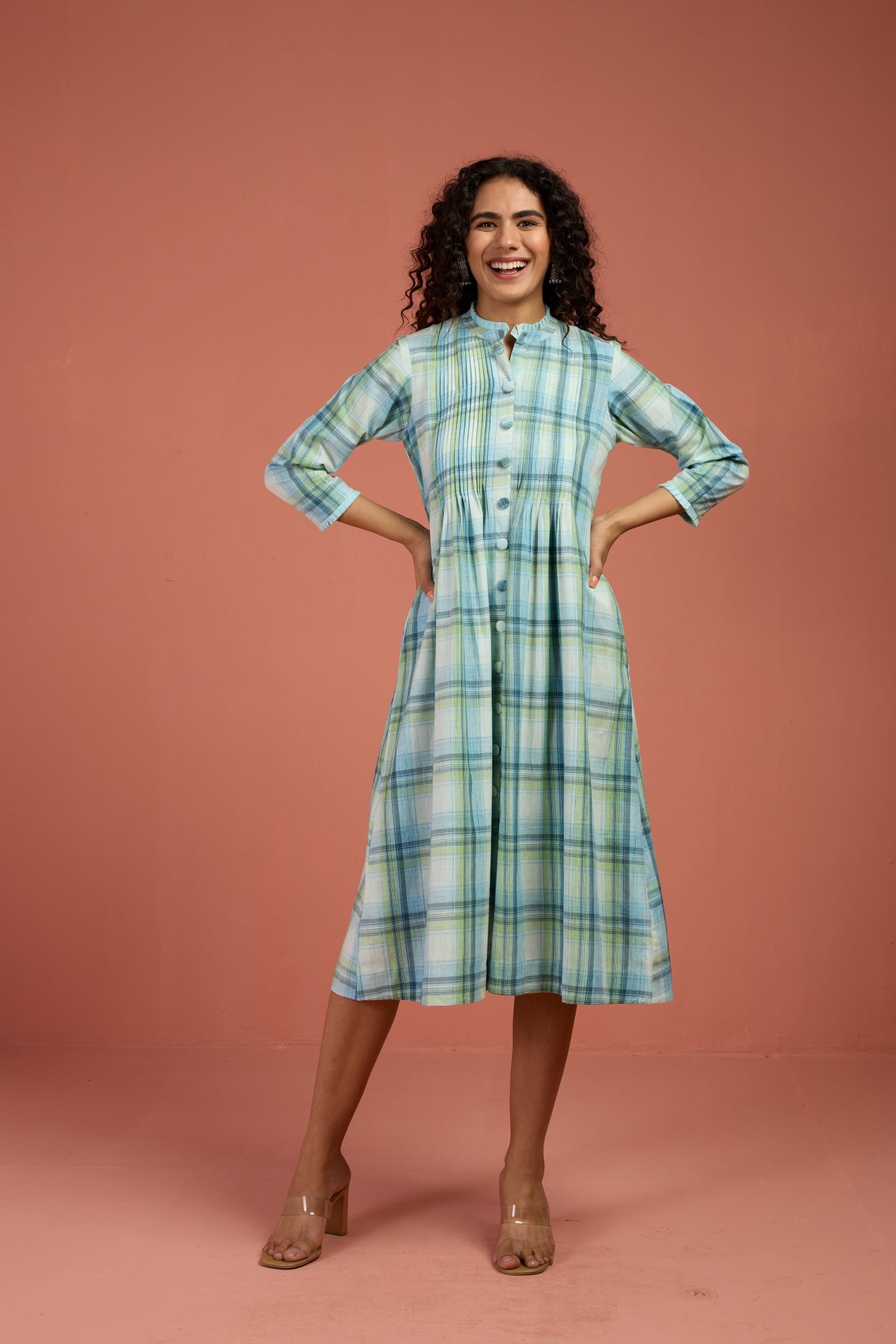 Pleated Frill Neck Dress Iin Green Madras Checks by Maati Crafts