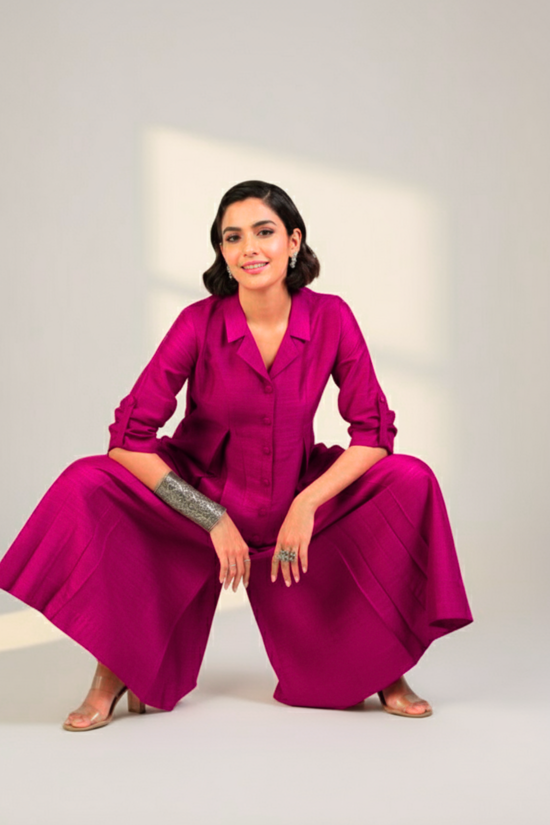 Fuchsia Flame Silk Slub Jumpsuit with Pockets & Collar