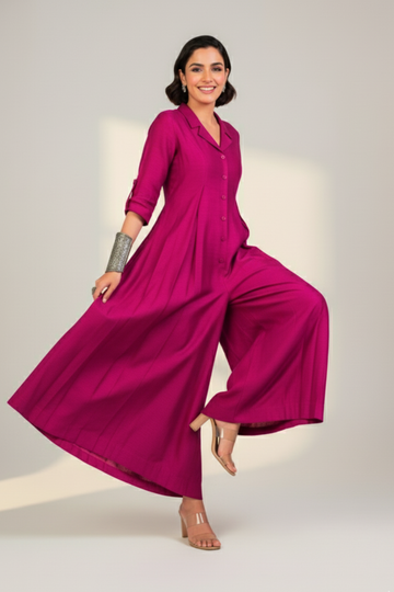 Fuchsia Flame Silk Slub Jumpsuit with Pockets & Collar