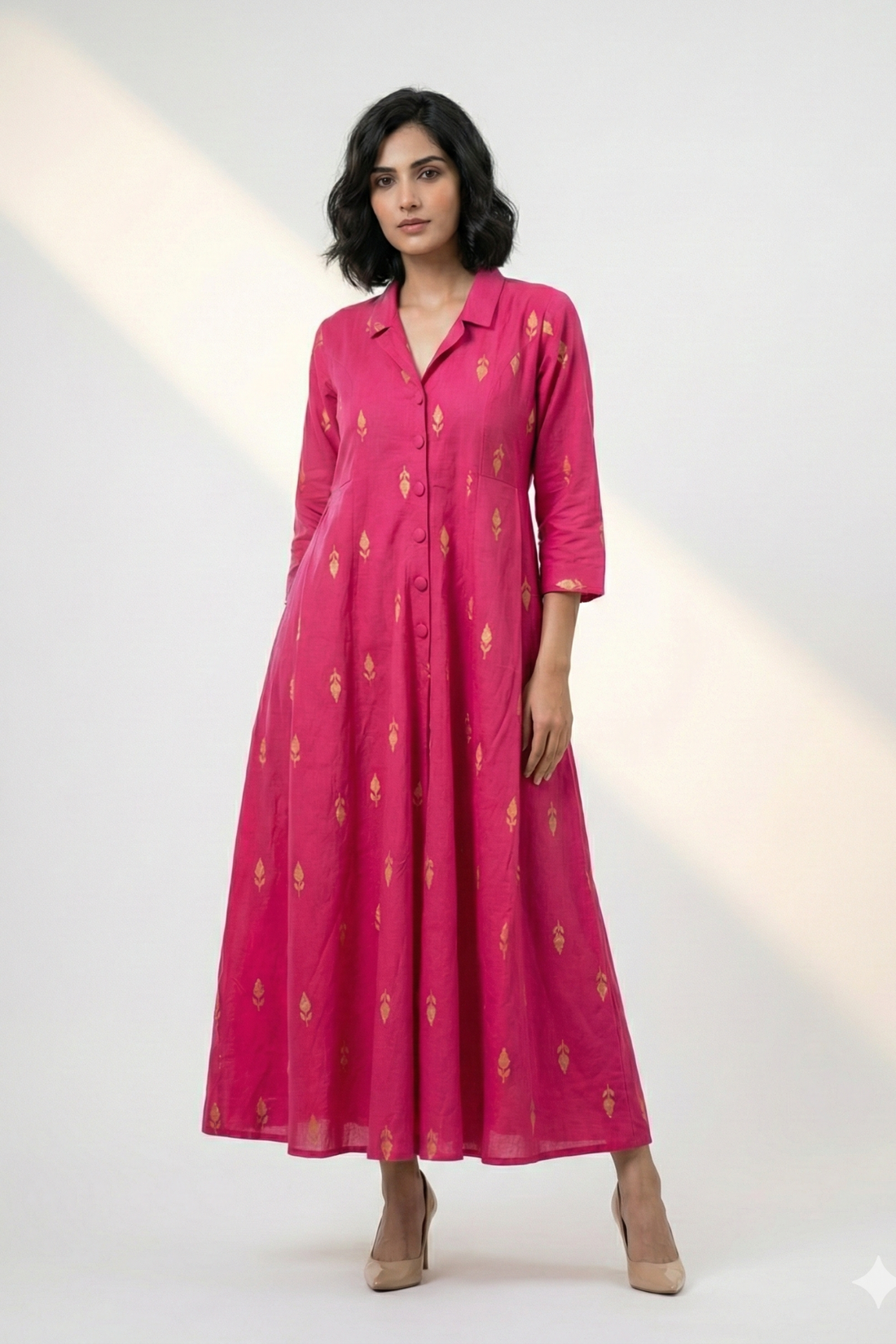 Petal Gold Motifs Cotton Jumpsuit with Pockets & Collar