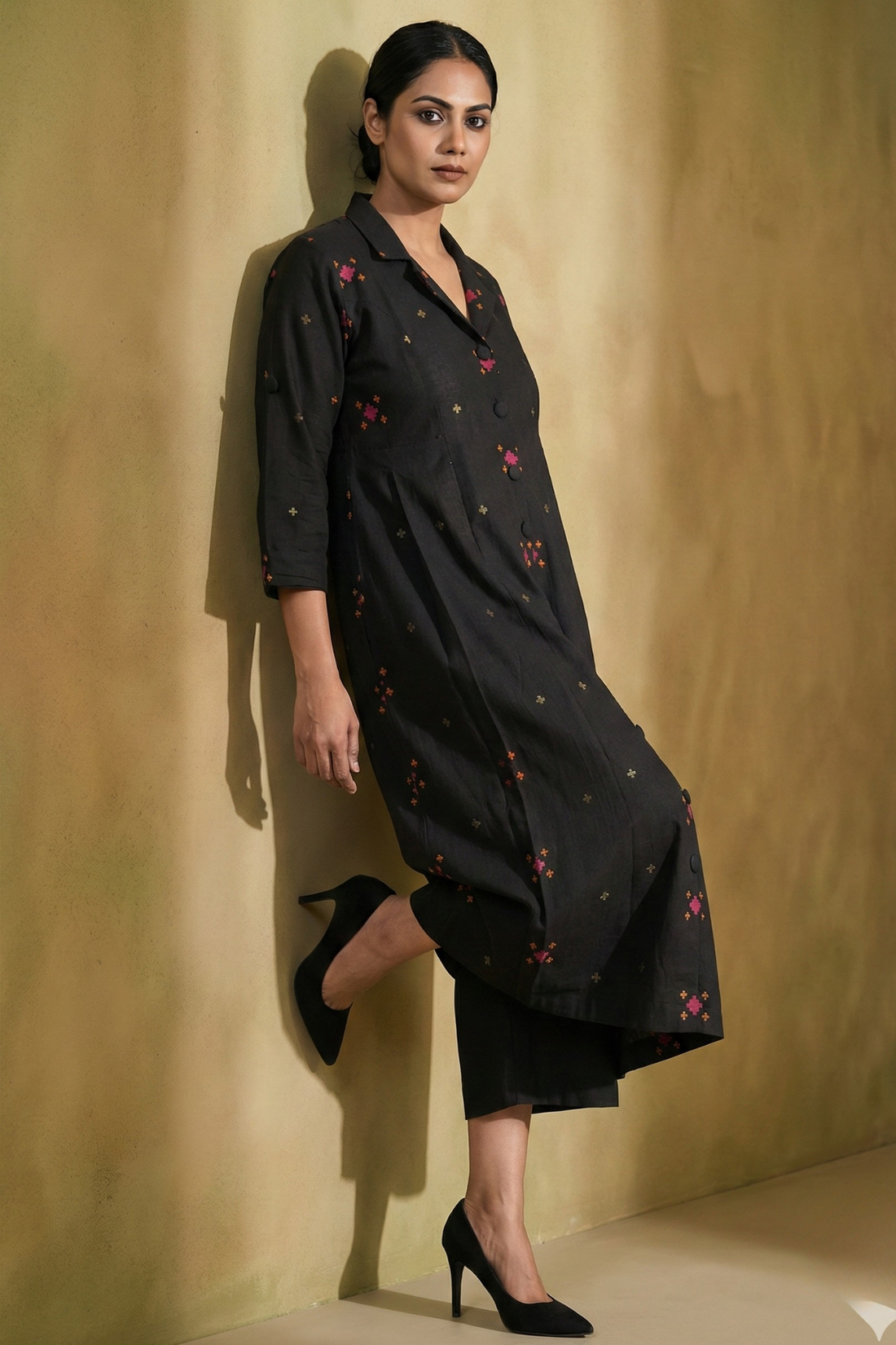 Midnight Saffron Butta Cotton Jumpsuit with Pockets & Collar