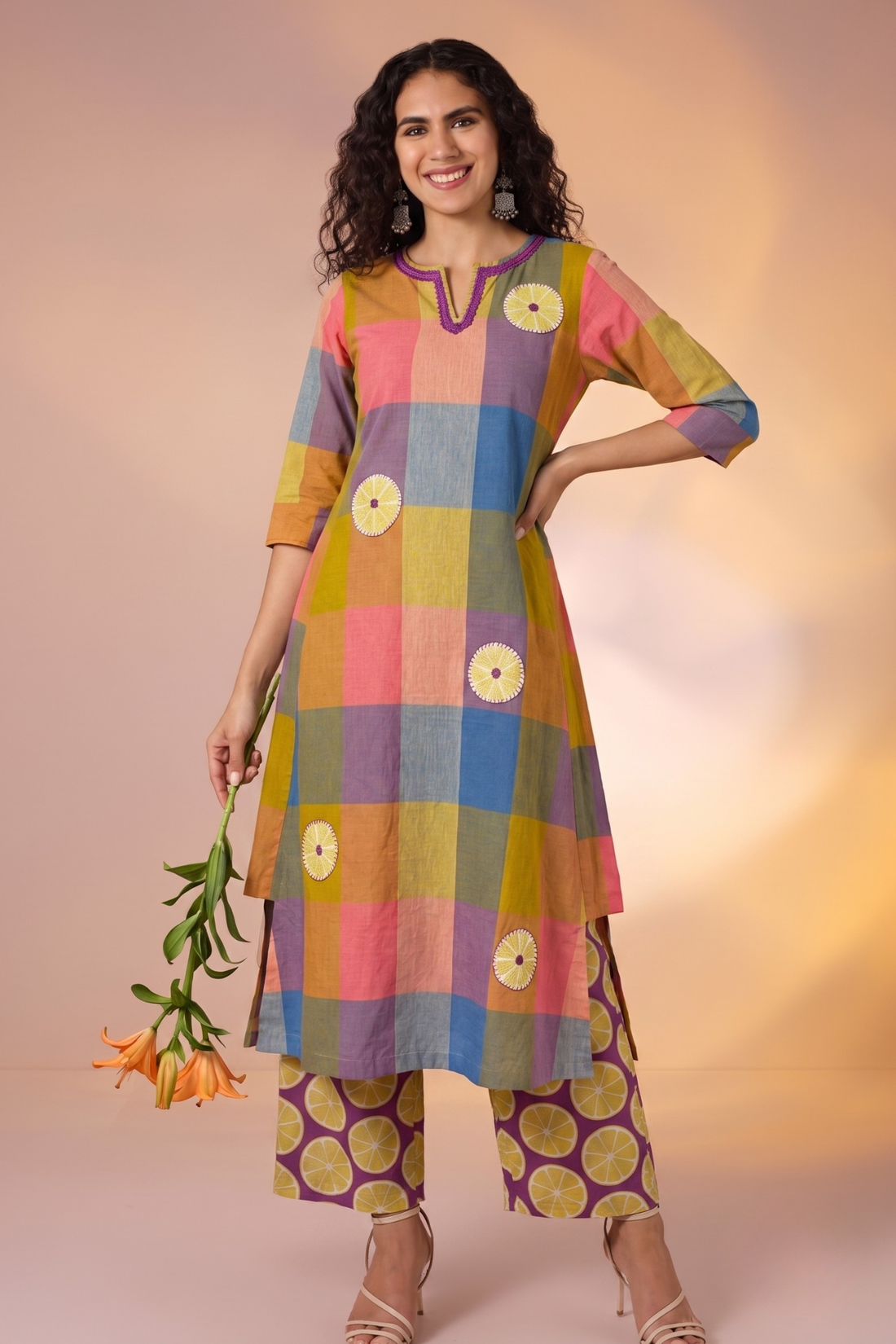 Colorburst Checks Cotton Long Kurta With Side Twist