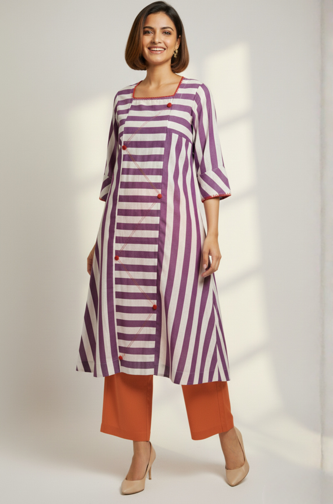 Lavender Stride Cotton Square Neck Panelled Long Kurta