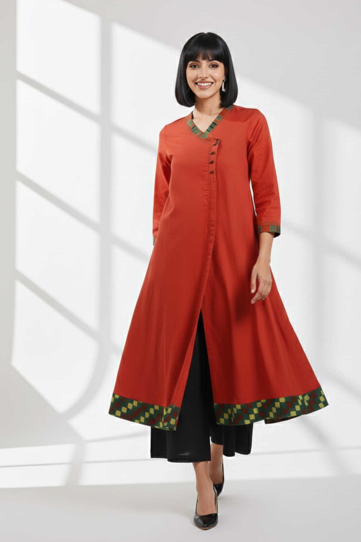 overlap mughal angrakha - orange rust & eucalyptus leaf