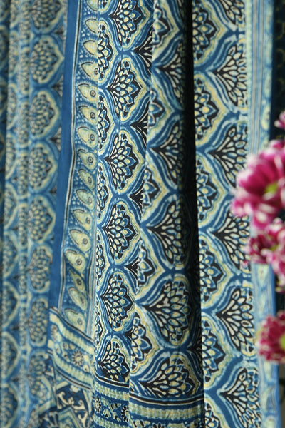 ajrakh modal silk sarees - floral symphony in sunlit indigo