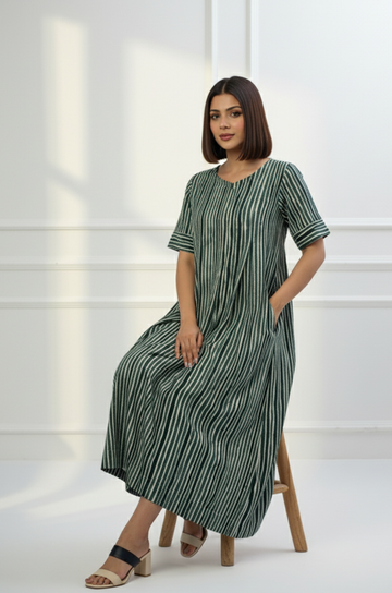 Jade Stripes Front Zipper Cotton Satin Jumpsuit with Pockets & Sleeves
