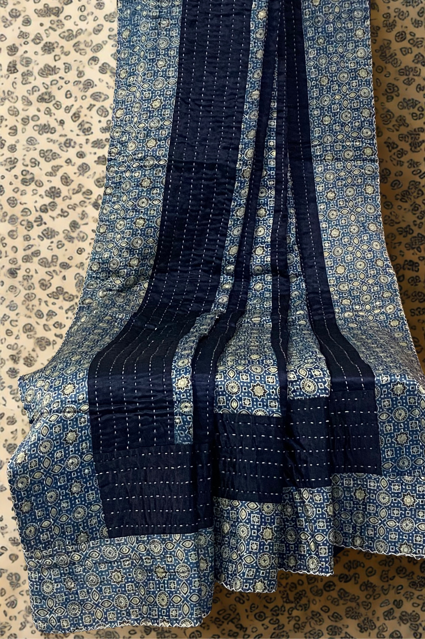 handcrafted reversible mashroo double quilt with filler - Celestial Blue & Gold Dust