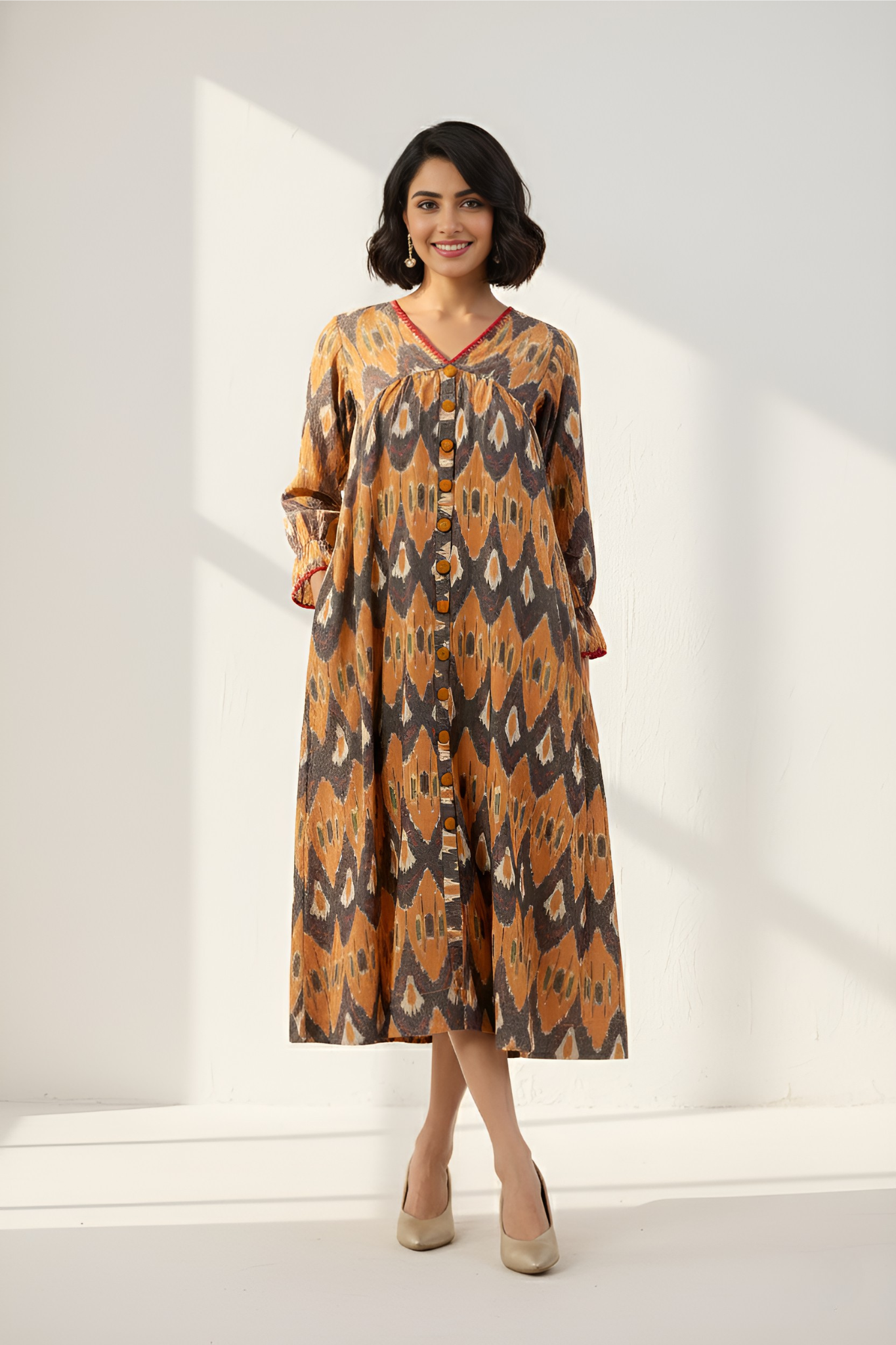 Smoky Mustard Elegance V-Neck Gather Dress with Crochet Details