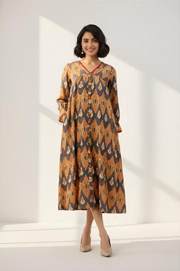 Smoky Mustard Elegance V-Neck Gather Dress with Crochet Details